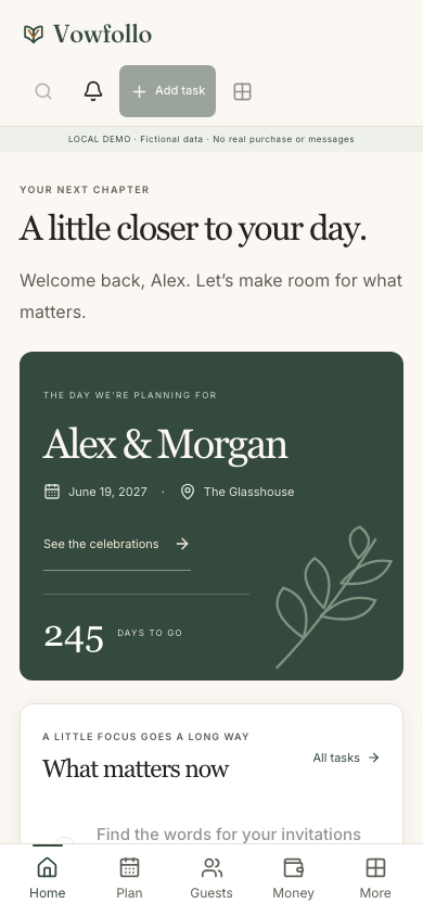 Actual fictional wedding dashboard displayed at mobile phone width